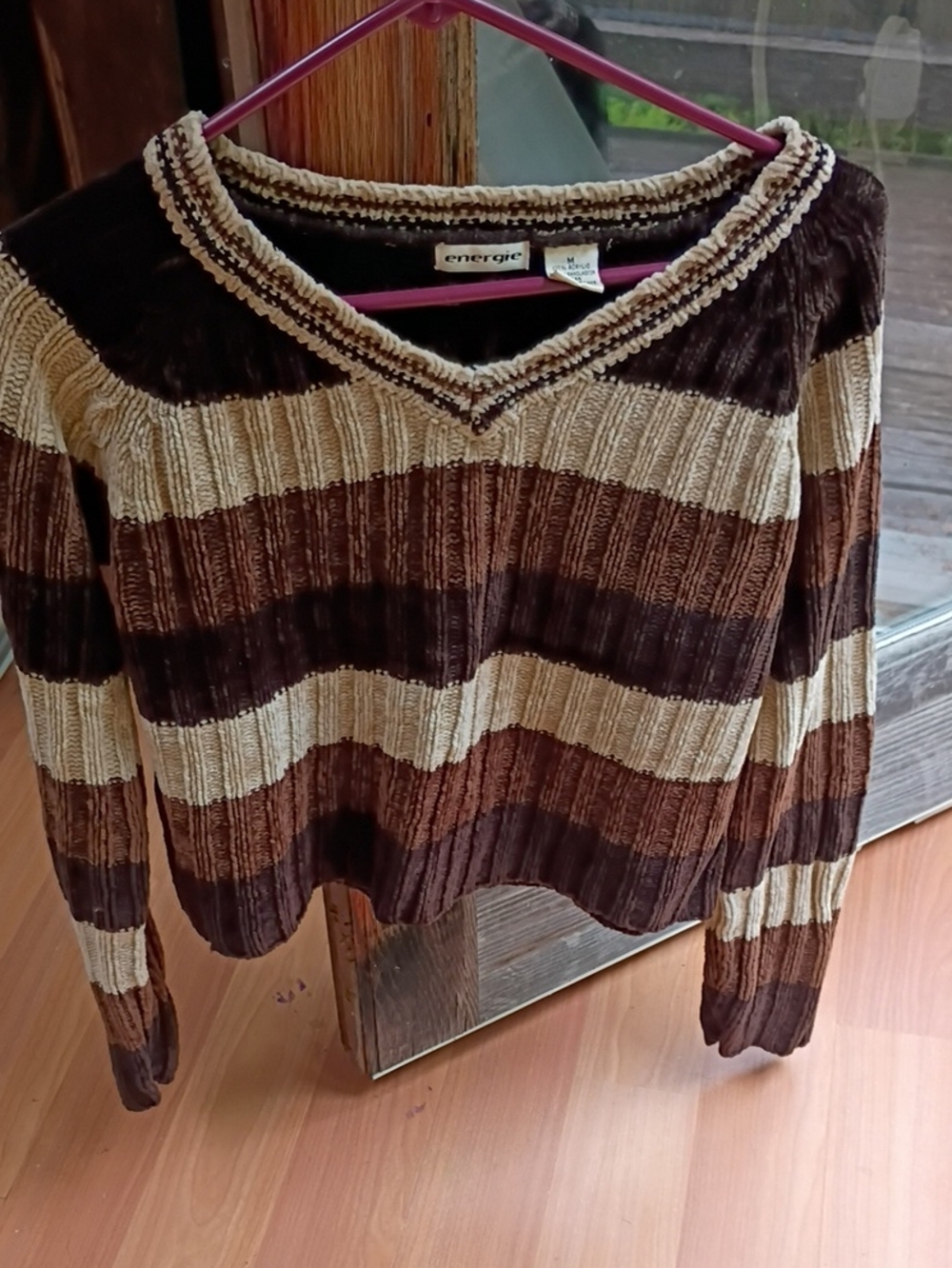 Energie Women's Striped Valor V-Neck Sweater in Brown and Cream